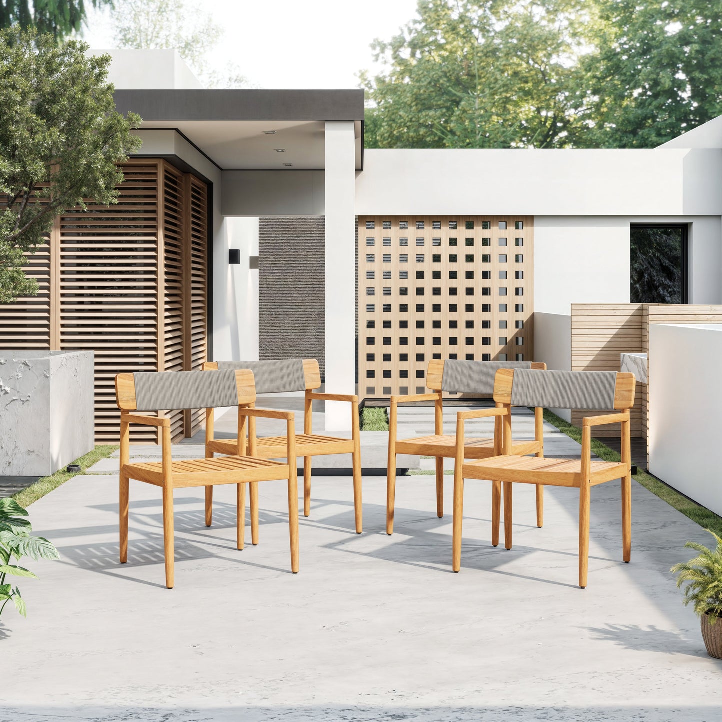 Creative Braided Acacia Wood Outdoor Dining Chairs with Armrests