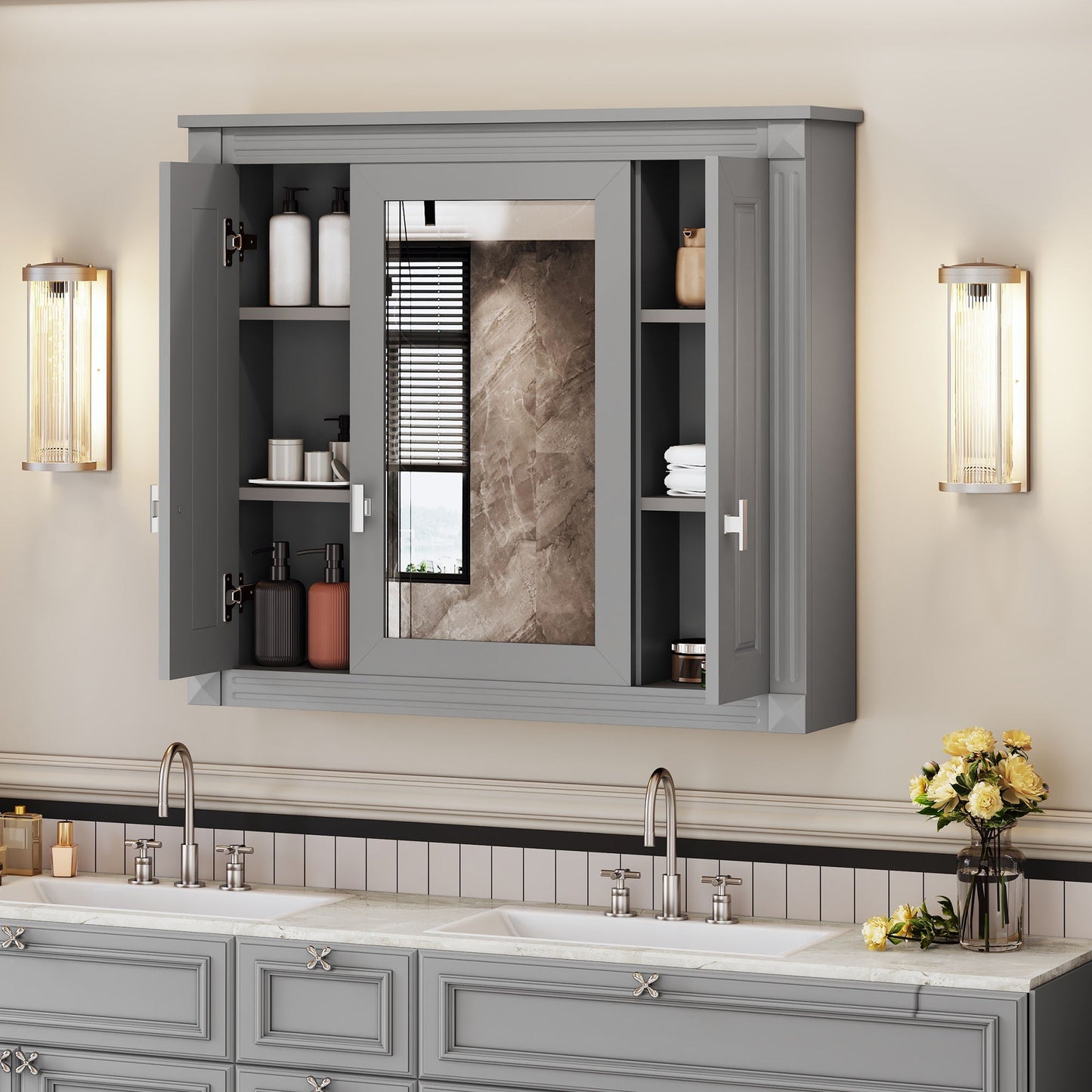 Wall Mounted Bathroom Cabinet With Mirror And 5 Shelves, Rectangular Design
