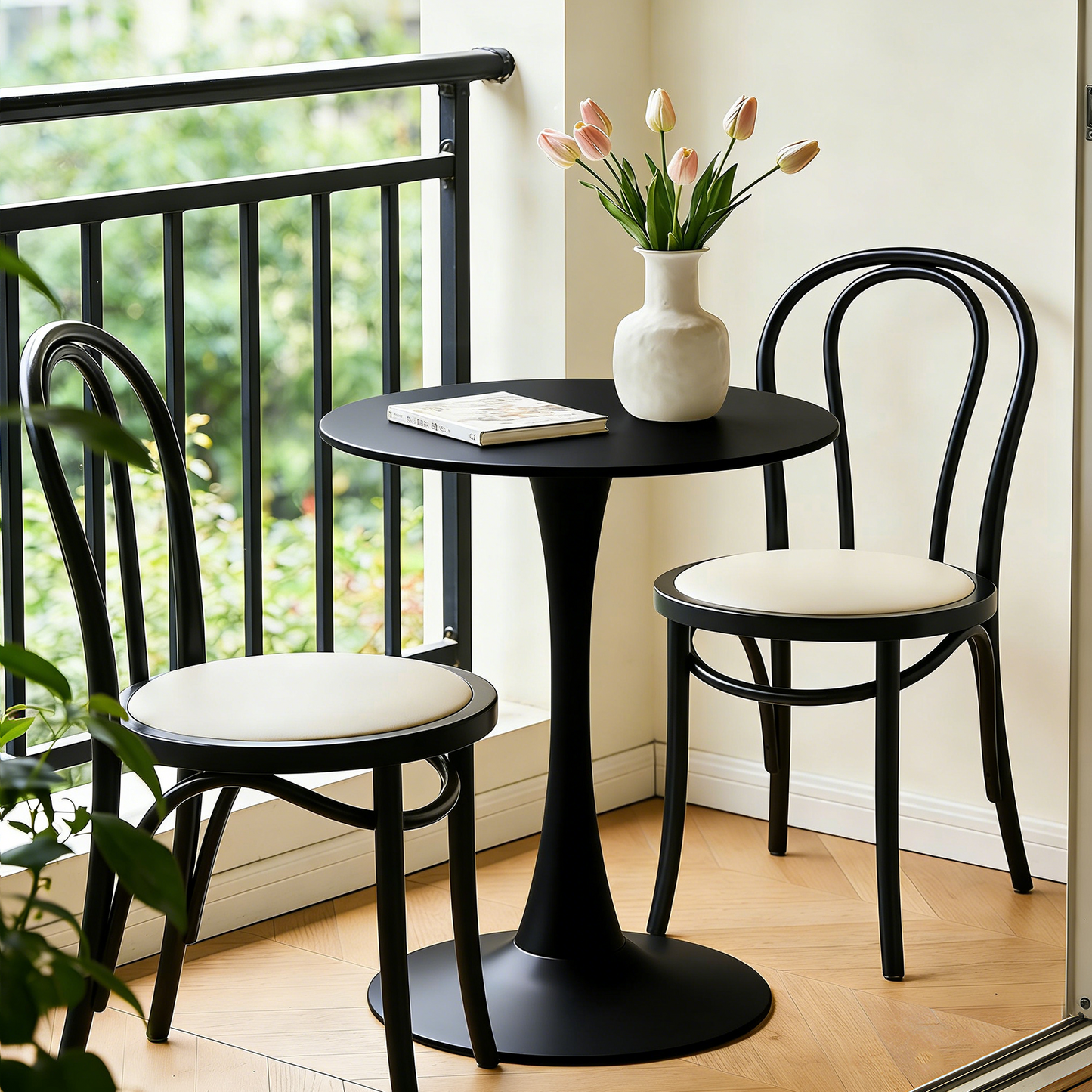 Black Round Dining Table with MDF Top and Matte Iron Base