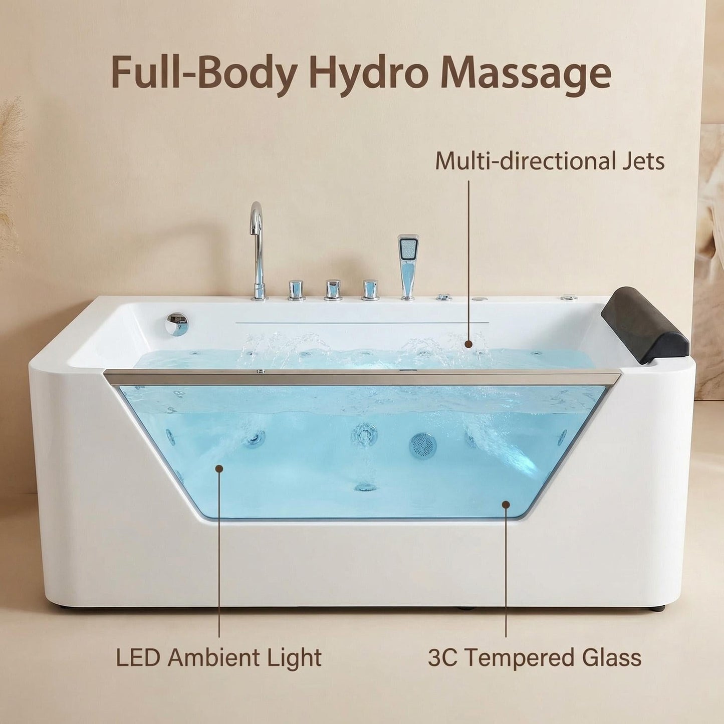 67" Whirlpool Bathtub with Hydrotherapy Jets and Glass Panel