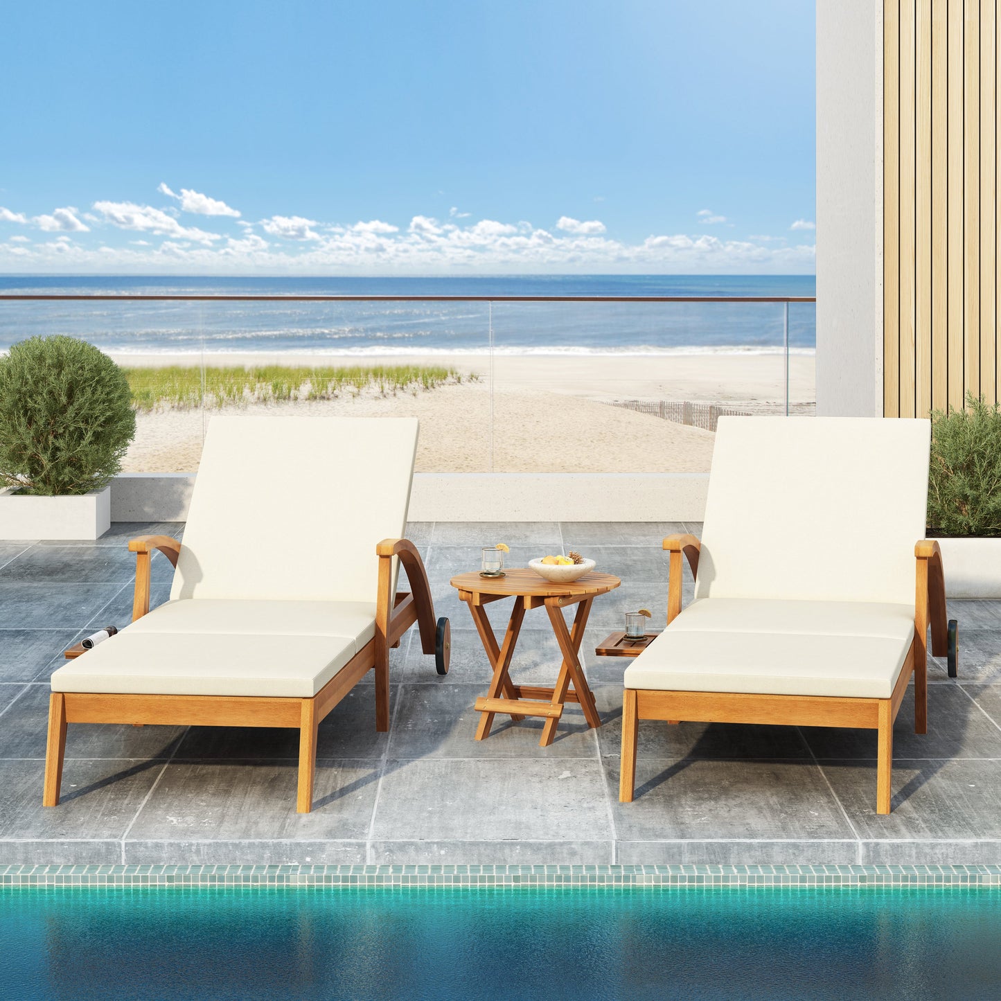 Outdoor Recliner Side Table Set with Acacia Wood and Adjustable Chaise Lounge