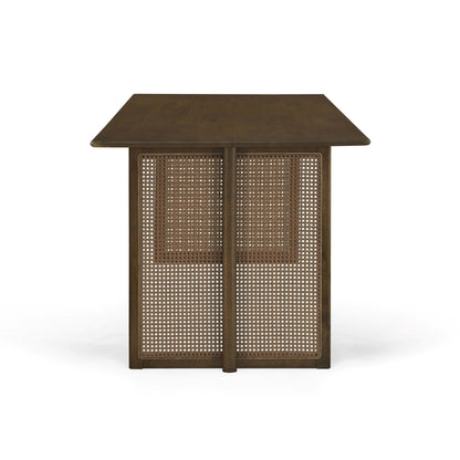 Walnut-Colored Rubber Wood Dining Set with Plastic Rattan