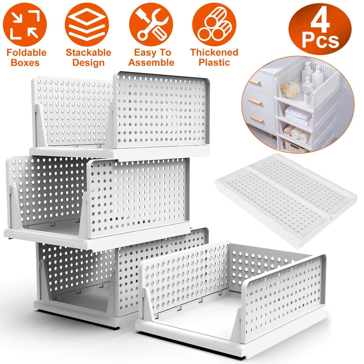 4 Packs Plastic Storage Box Closet Organizer Foldable Storage Bin Stackable Drawer with Slide Rail Push-Pull Storage Basket for Living Room Bedroom Wa