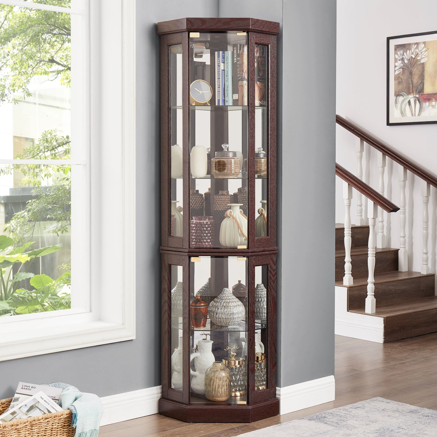 Corner Glass Cabinet Lighted Curio Cabinet in Dark Cherry