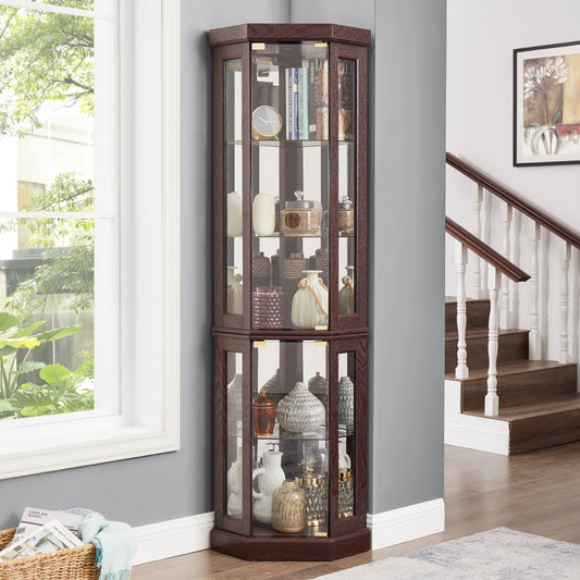 Corner Glass Cabinet Lighted Curio Cabinet in Dark Cherry