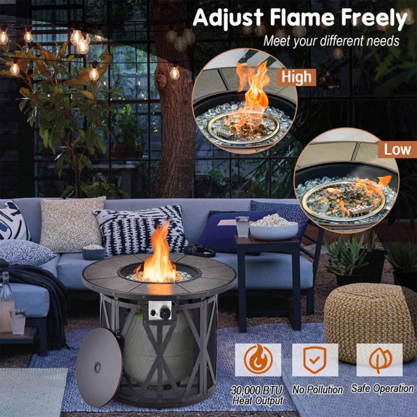 Alora 30-Inch 30K BTU Premium Outdoor Patio Gas Fire Pit Table With Fire Glass And Cover (SAK17432)
