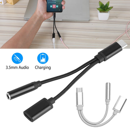 USB Type C to 3.5mm Aux Audio Charging Adapter Braided TPE Metal Shell Headphone Jack Splitter Cable Wire Charger