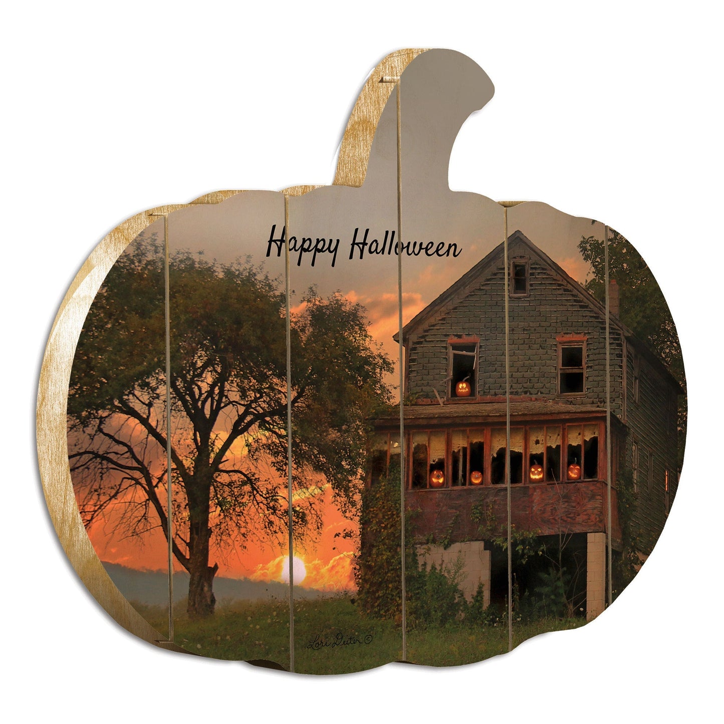 Happy Halloween Wooden Pumpkin Wall Art by Artisan Lori Deiter