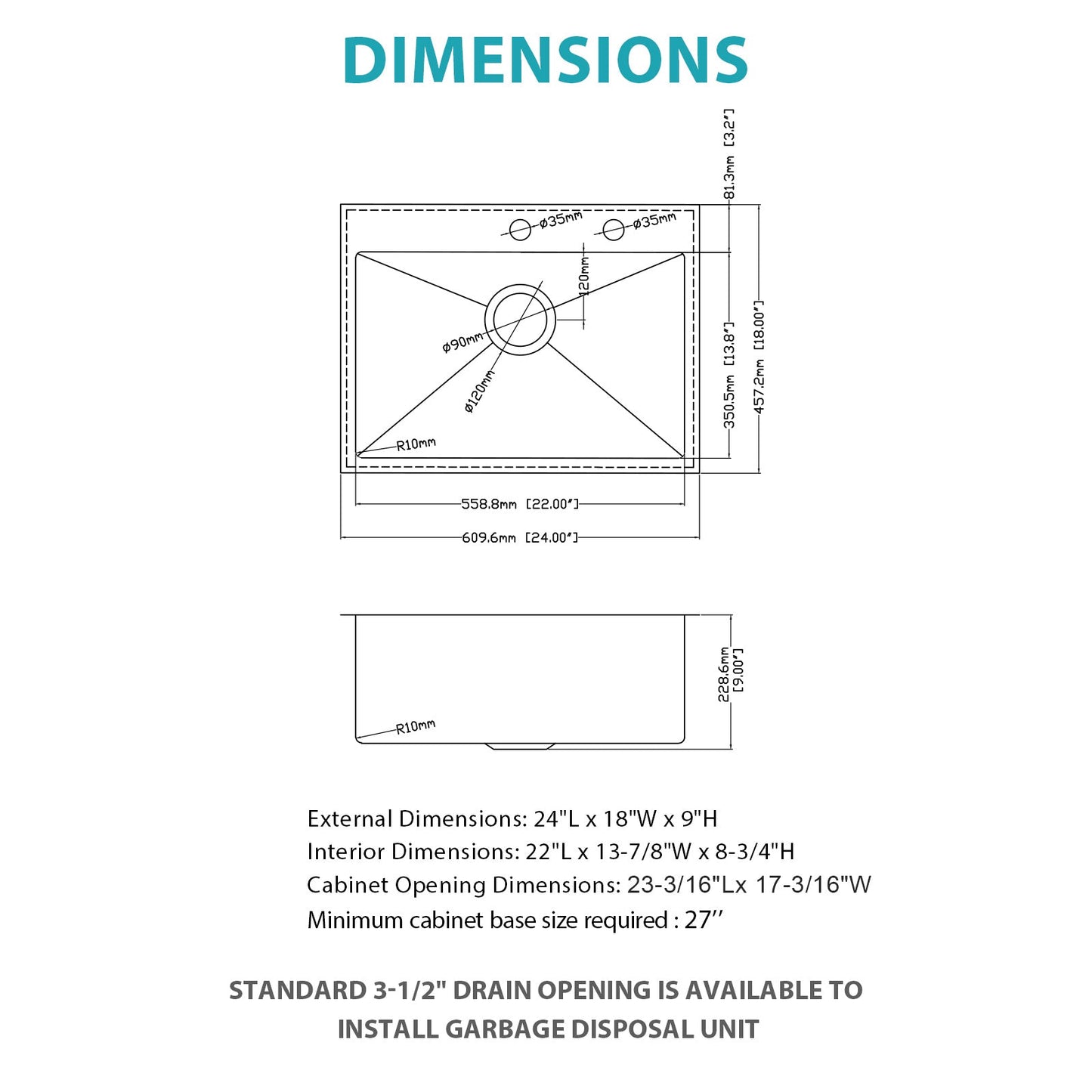 24 x 18 x 9 Inch Kitchen Sink Drop-In 16 Gauge Stainless Steel