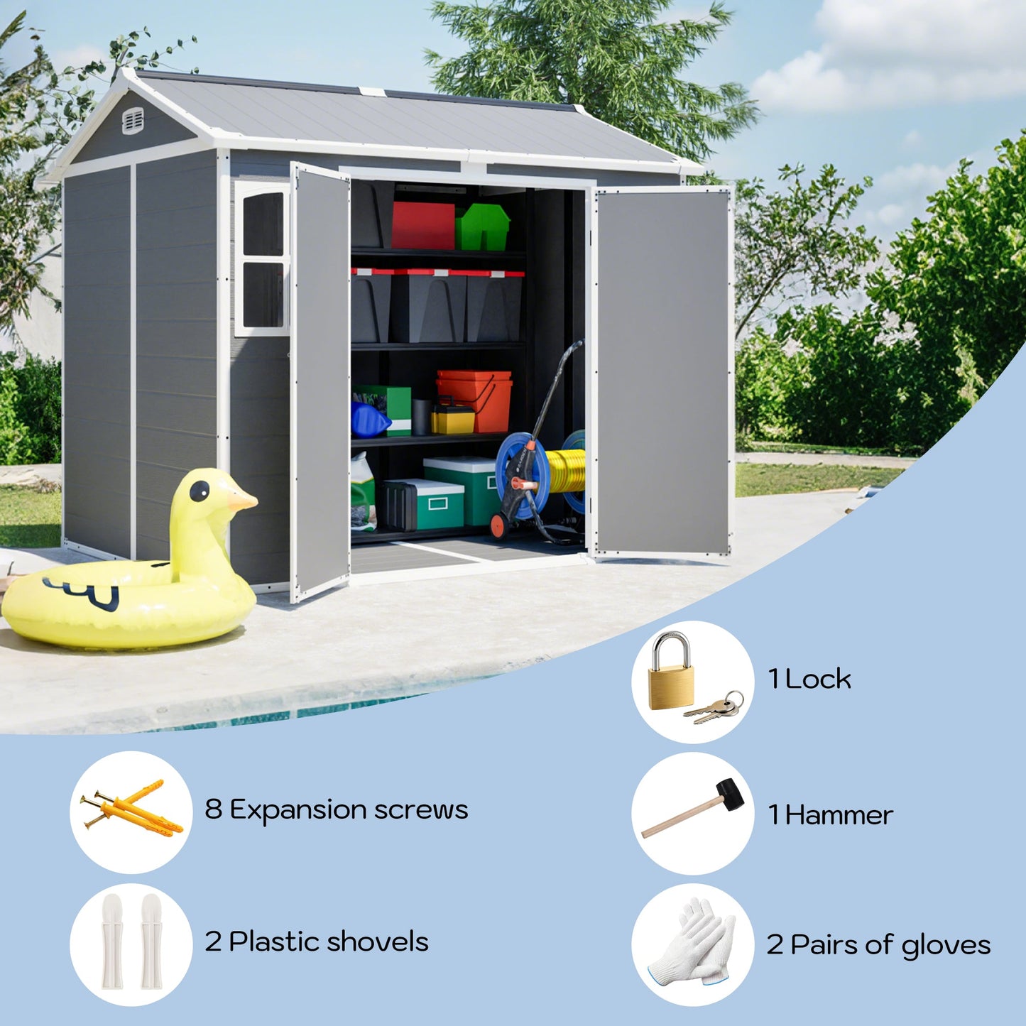 Plastic Utility Shed 8x6 ft with Floor – Lockable Storage Shed