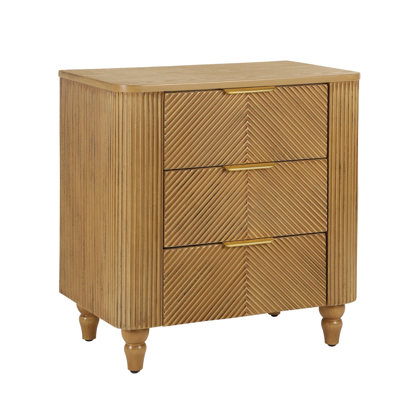 Mid-Century Fluted 3 Drawers Nightstand, Bedside Table with Curved Profile Design and Wide