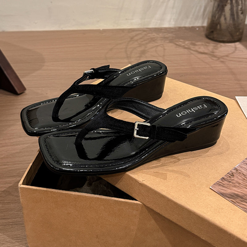 Women's French Square Toe Wedge Platform Thong Sandals For Outdoor Wear