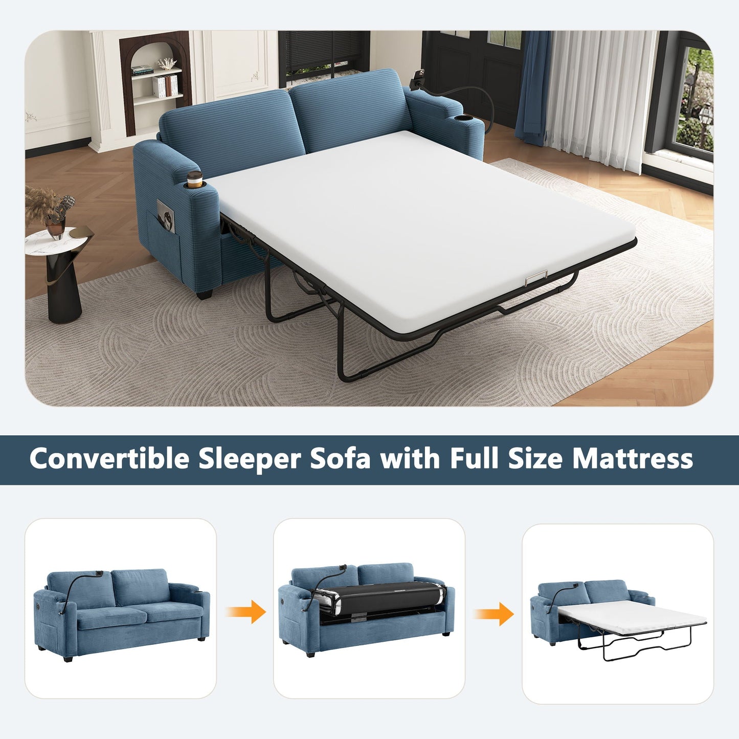 Sleeper Sofa Loveseat Sofa With Full Size Mattress, 2 USB Ports, 2 Cup Holders, 2 Side Pockets And Phone Holder