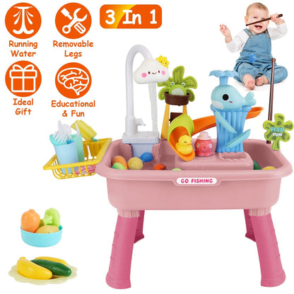 3 In 1 Kitchen Sink Toy with Electric Faucet Water Table Fishing Game Role Play Sink Set Indoor Outdoor for Kids Aged 3+ Years Old