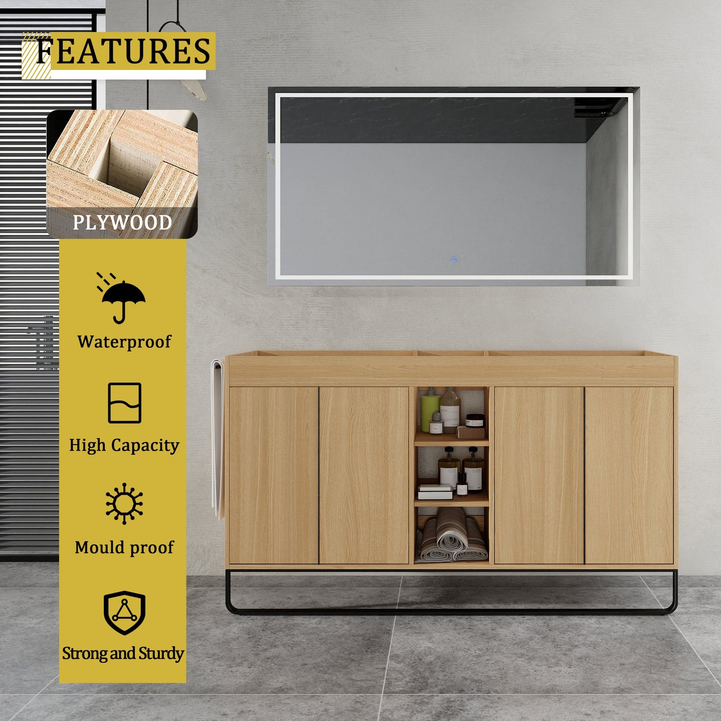 60-Inch Freestanding Bathroom Cabinet with Soft Close Doors & Open Storage