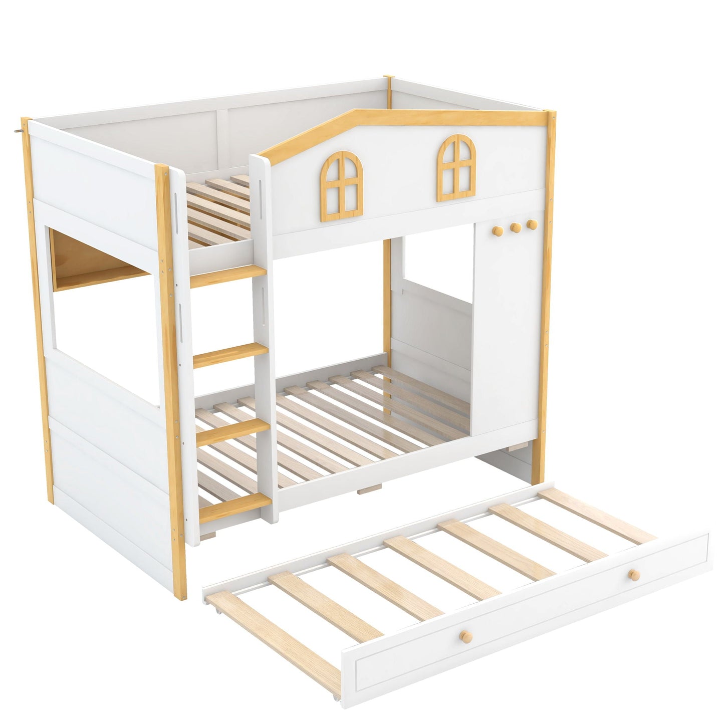 Bunk Bed With House Shaped Guardrails, Storage Shelves, And Trundle
