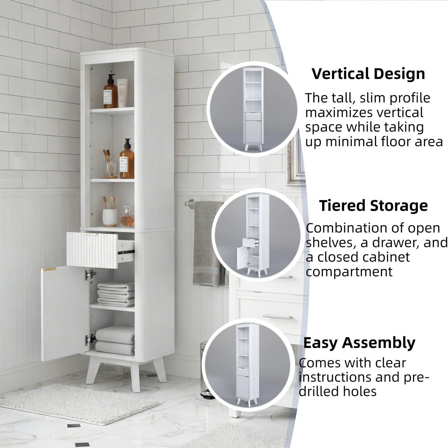 Tall Bathroom Storage Cabinet With Adjustable Shelves And 1 Drawer & Door