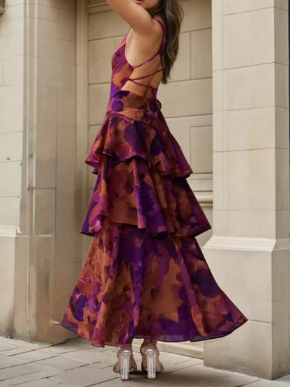 Floral V-Neck Ruffle Layered Maxi Dress