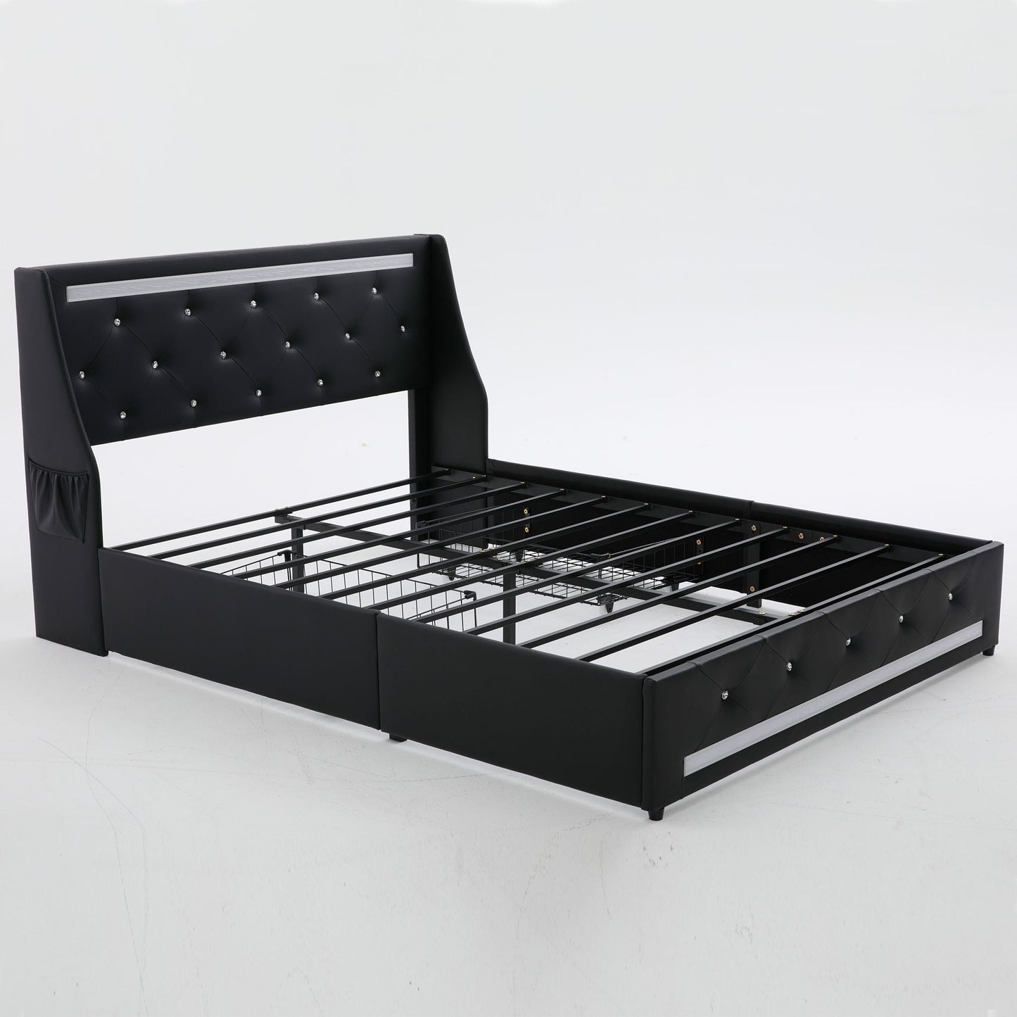 Wingback Upholstered Bed Frame With LED Lights, Charging Station