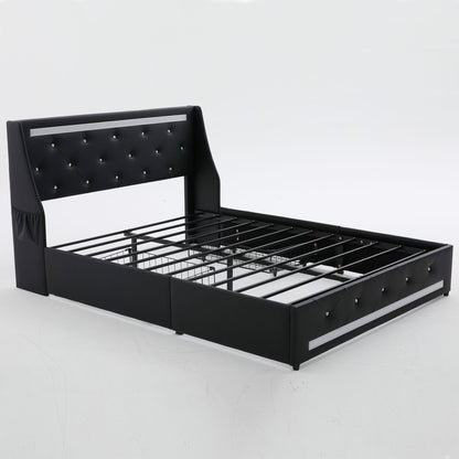Wingback Upholstered Bed Frame With LED Lights, Charging Station