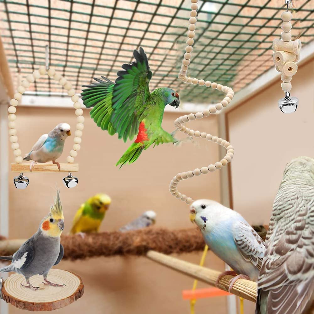 9-Piece Parakeet Toys & Budgie Toys, Bird Cage Accessories Set Natural Wood Bird Toys Include Coconut Hideaway, Swing, Ladder, Perch, Mirror And Hanging Toys For Budgies & Cockatiels