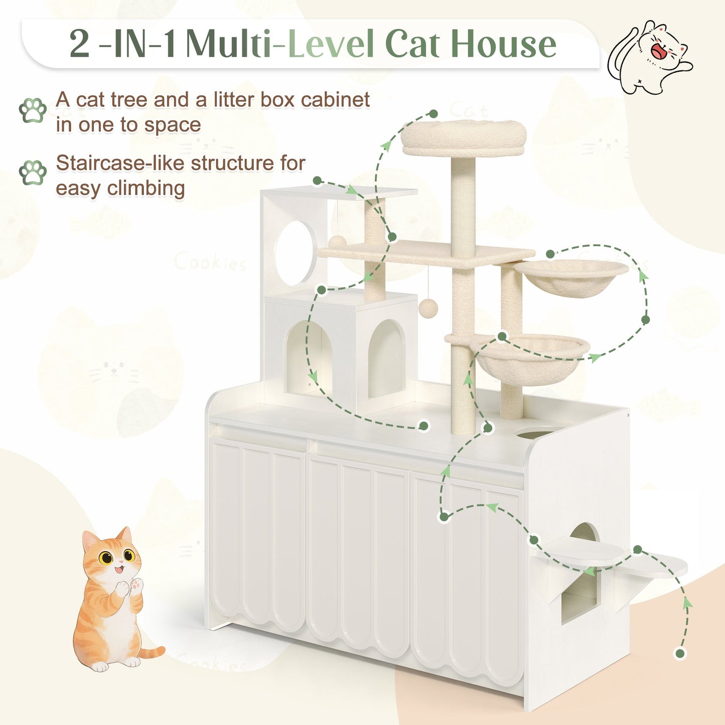 50.6" Cat Tree with Litter Box Enclosure, Sisal Scratching Post & Storage