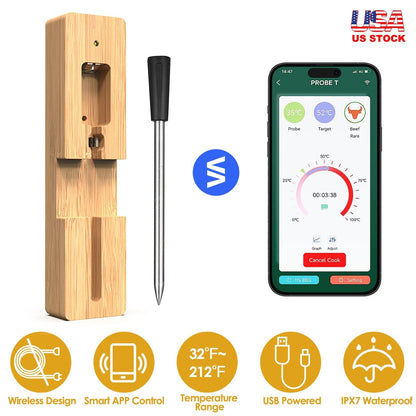 100FT Smart Wireless Meat Thermometer Digital Thermospike Meat Probe with APP Control for Oven Grill Kitchen BBQ Smoker Rotisserie