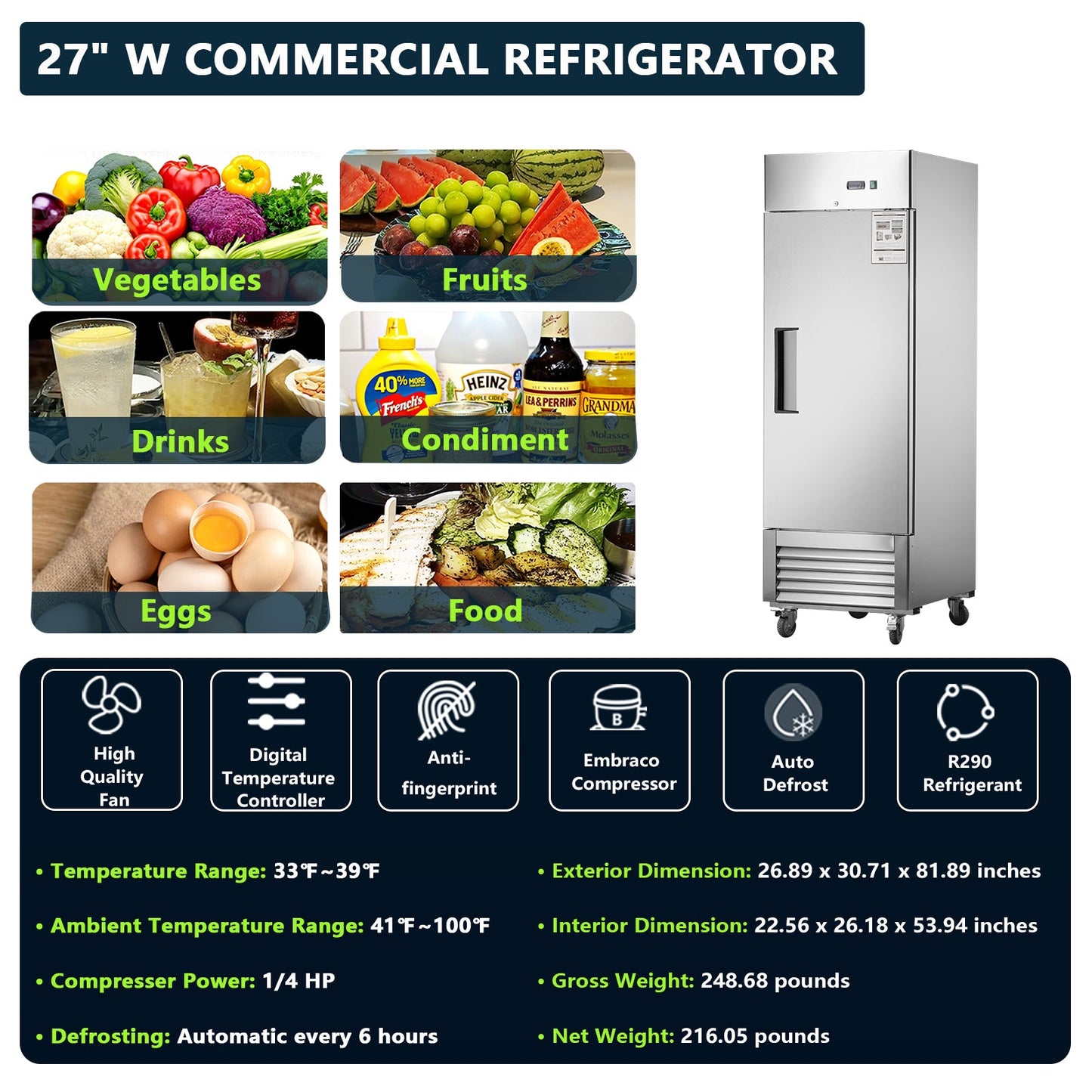 27" Commercial Refrigerator with Solid Door