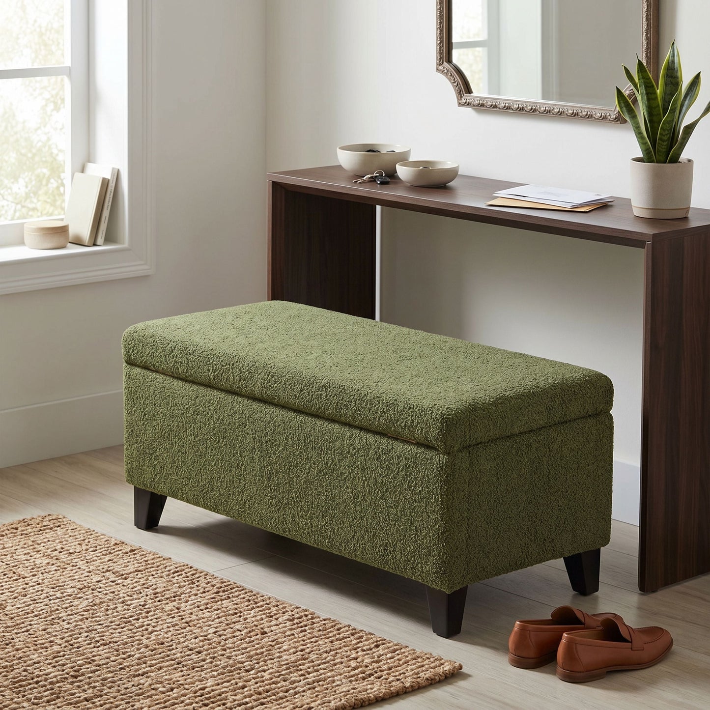 Storage Ottoman with Flip-Top Lid, Easy Assembly, Boucle Fabric & Rubber Wood Legs