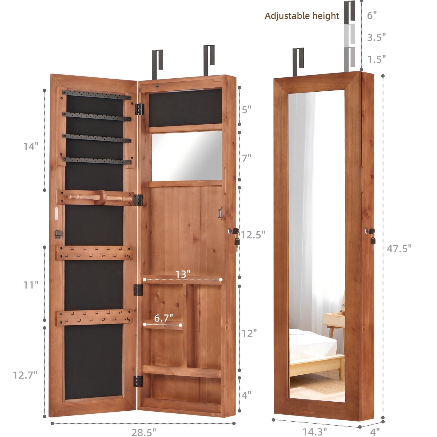 Jewelry Armoire Organizer With Full Length Mirror, Wall Mounted Lockable Cabinet With LED Light