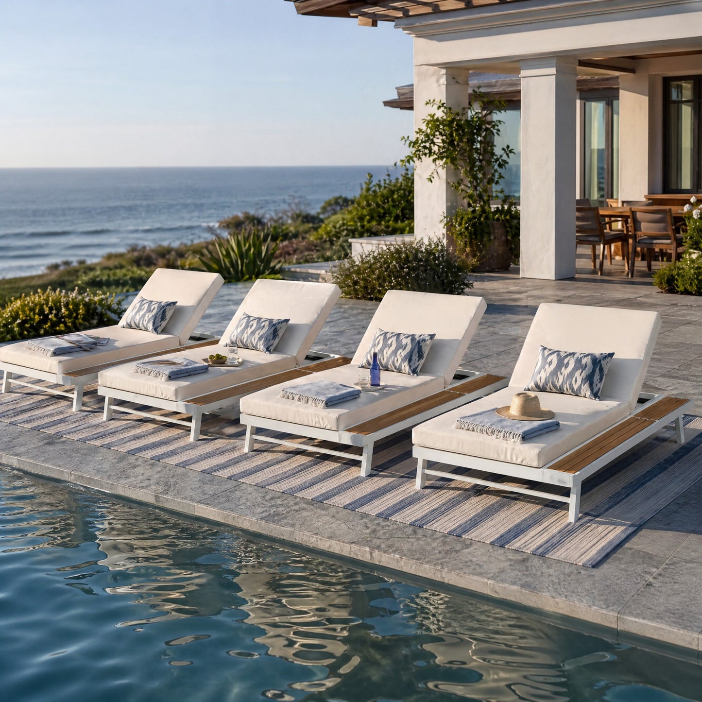 White Iron and Teak Finish Chaise Lounge Set with Cream Cushion