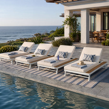 White Iron and Teak Finish Chaise Lounge Set with Cream Cushion