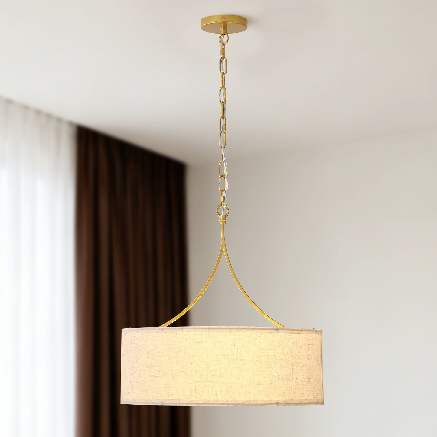 3-Light Gold Fabric Drum Pendant Light