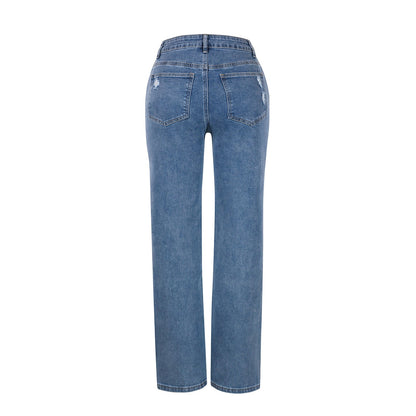 Women's Loose-fit Straight-leg Ripped High-elastic Jeans