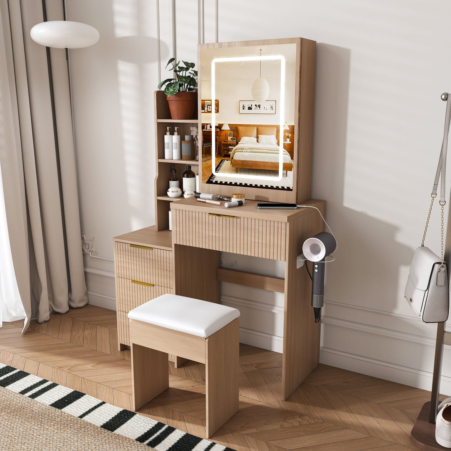 Modern Vanity Desk With 3 LED Lighting Modes, 4 Drawers