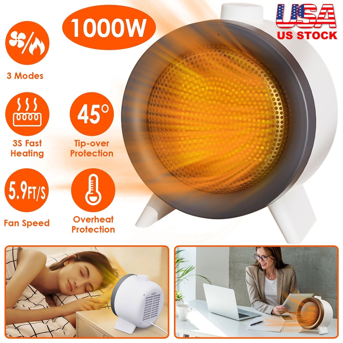 1000W Electric Space Heater Ceramic Heater Fan Heating Fan with 3 Modes 3S Fast Heating Tip-over Overheating Protection for Home Office Dormitry
