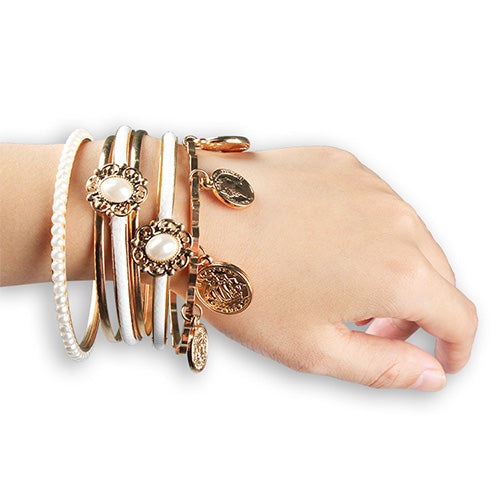 Gold 6-Piece Bangle Set with Imitation Pearls
