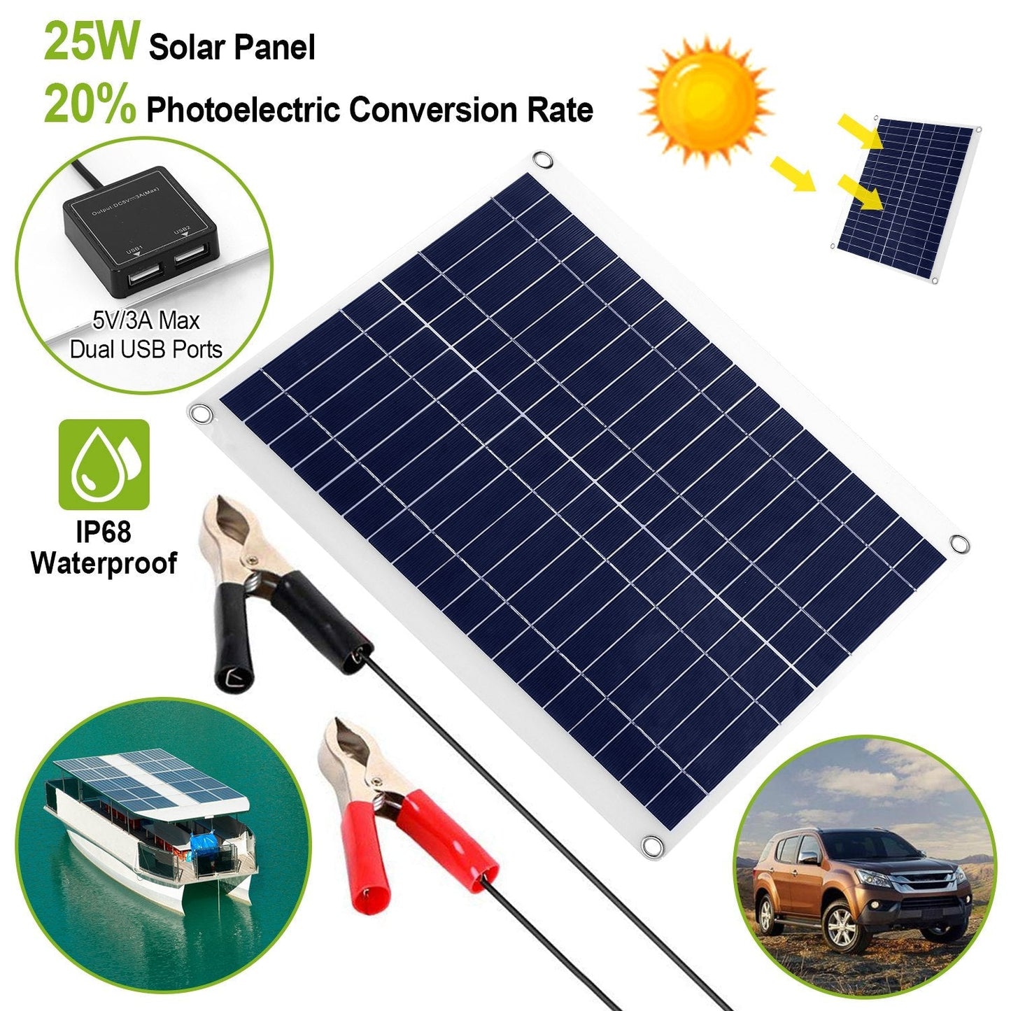 Outdoor Solar Panel 12V 25W Car Battery Charger IP68 Waterproof w/ 3.0A Dual USB Charging Clip Line For RV Car Boat