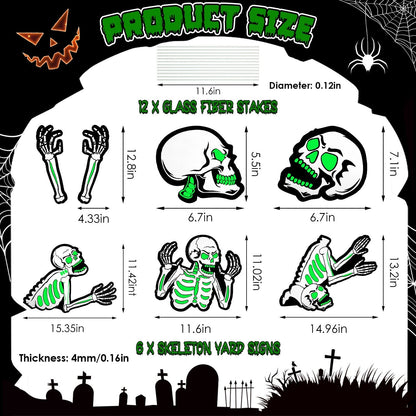 Halloween Skeleton Yard Sign Decorations 6Pcs Glow in the Dark Halloween Skull Fluorescence Lawn Garden Sign with 12 Stakes for Haunted House Garden Y