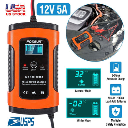 Car Battery Charger 12V 5A LCD Intelligent Auto Motorcycle Boat ATV Recover Pulse Repair