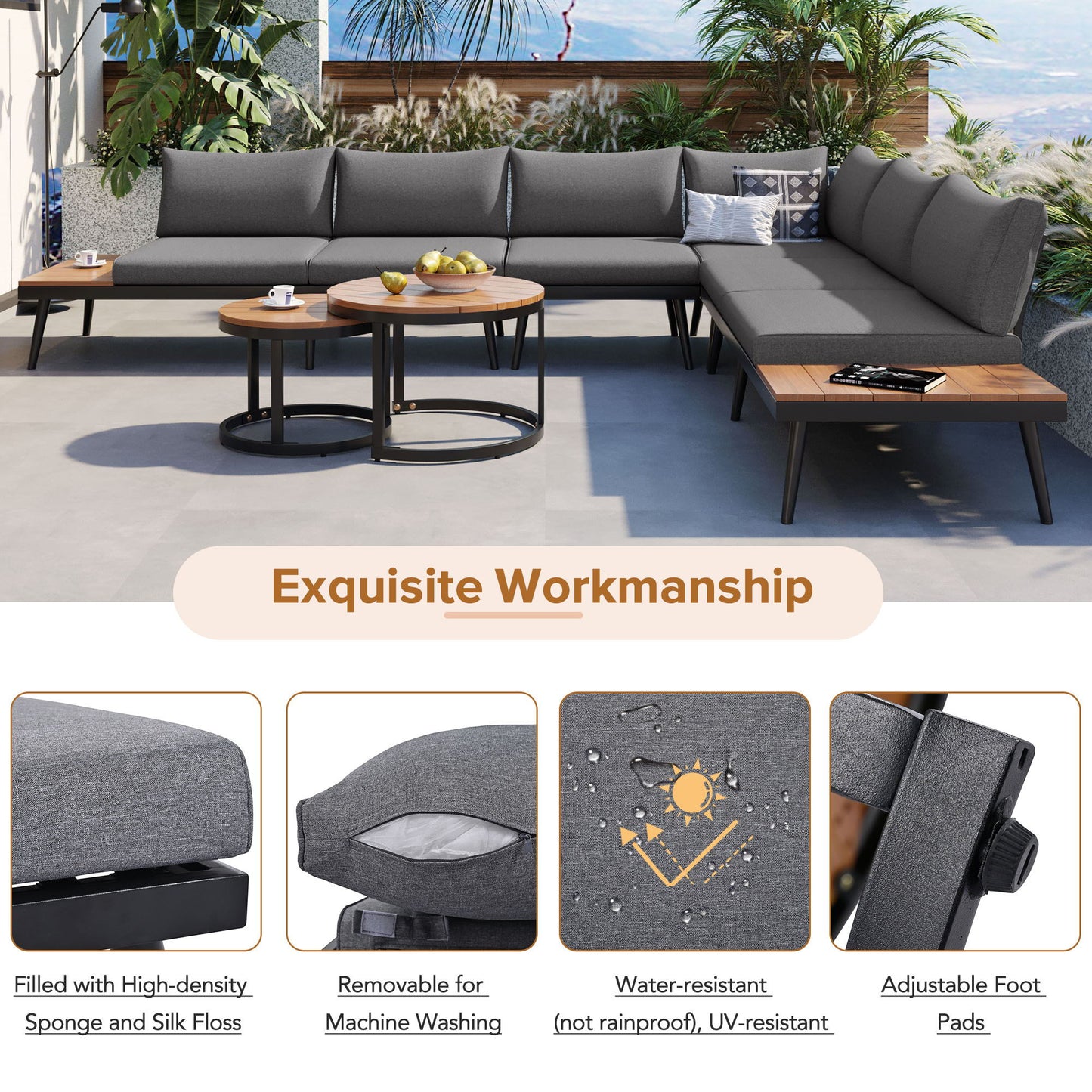 Modern Outdoor Sectional Sofa Set With Nesting Coffee Tables