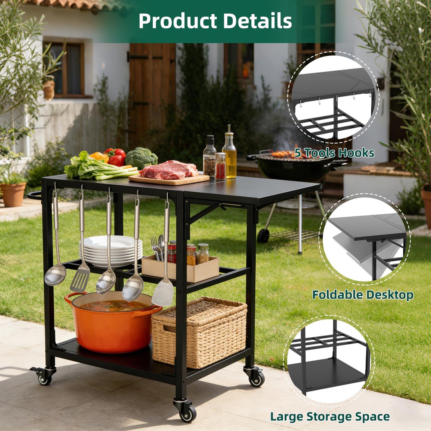 Outdoor Grill Table, Prep Cart With Wheels, Storage Shelf And Hooks - Black