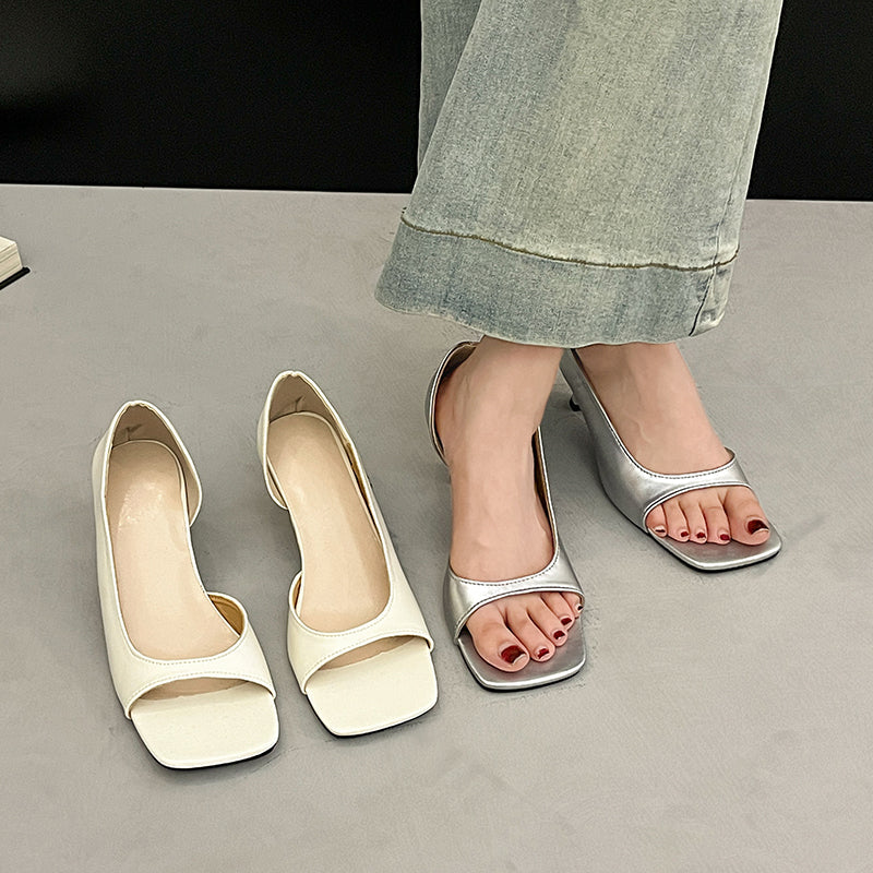 Summer Women French Style Soft Leather Square Peep Toe Slip-On Sandals, Elegant Versatile Thin High Heels