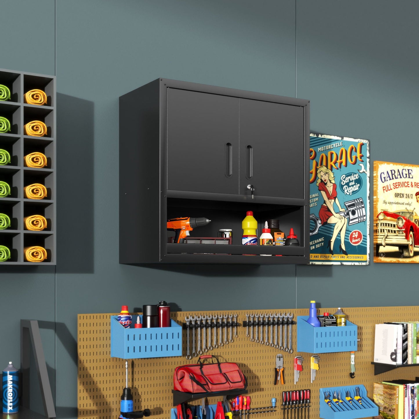 Wall-Mounted Storage Cabinet With Locking Door, 1 Shelf And Open Drawer - Black