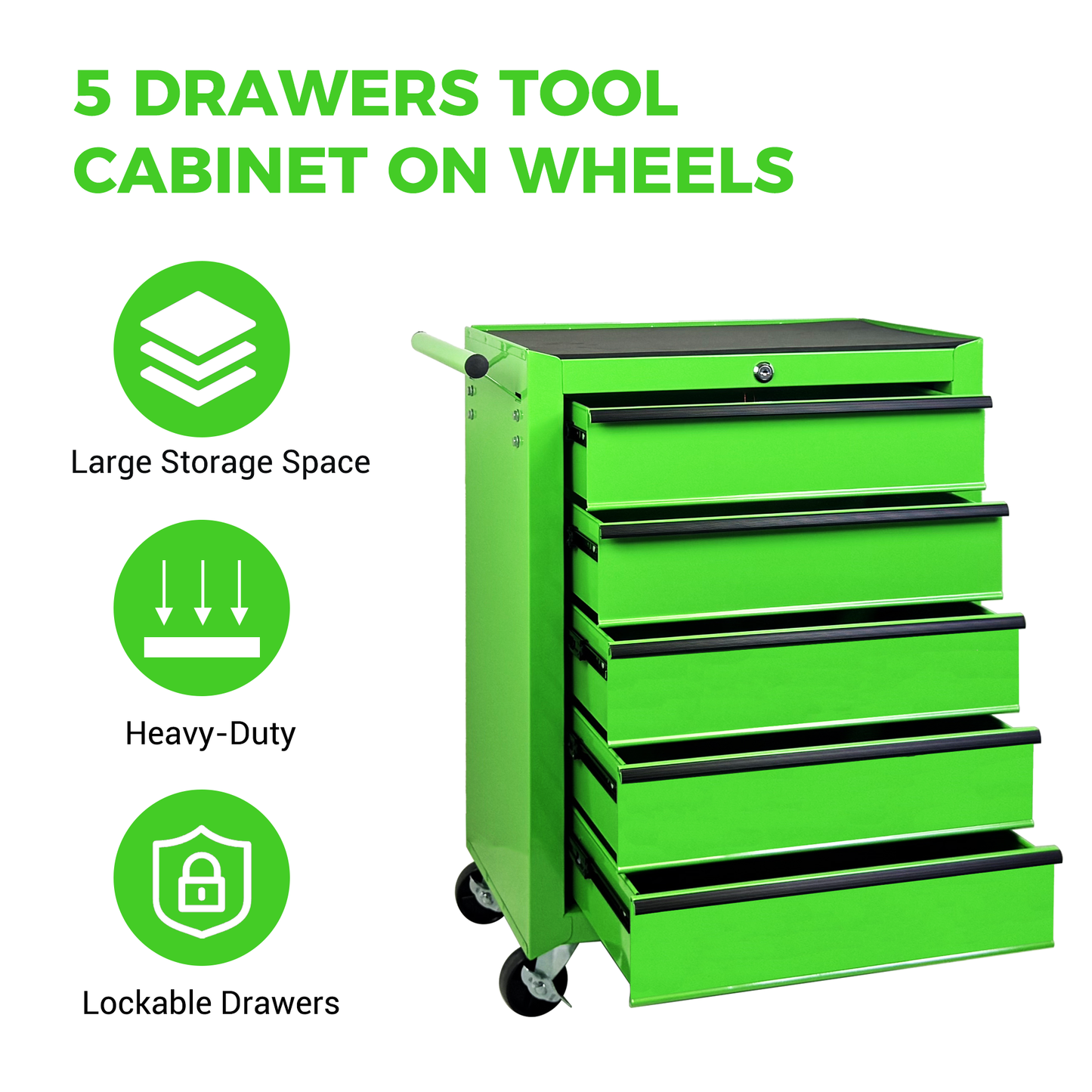 Rolling Metal Tool Chest with 5 Drawers, 20" Steel Cabinet - Green