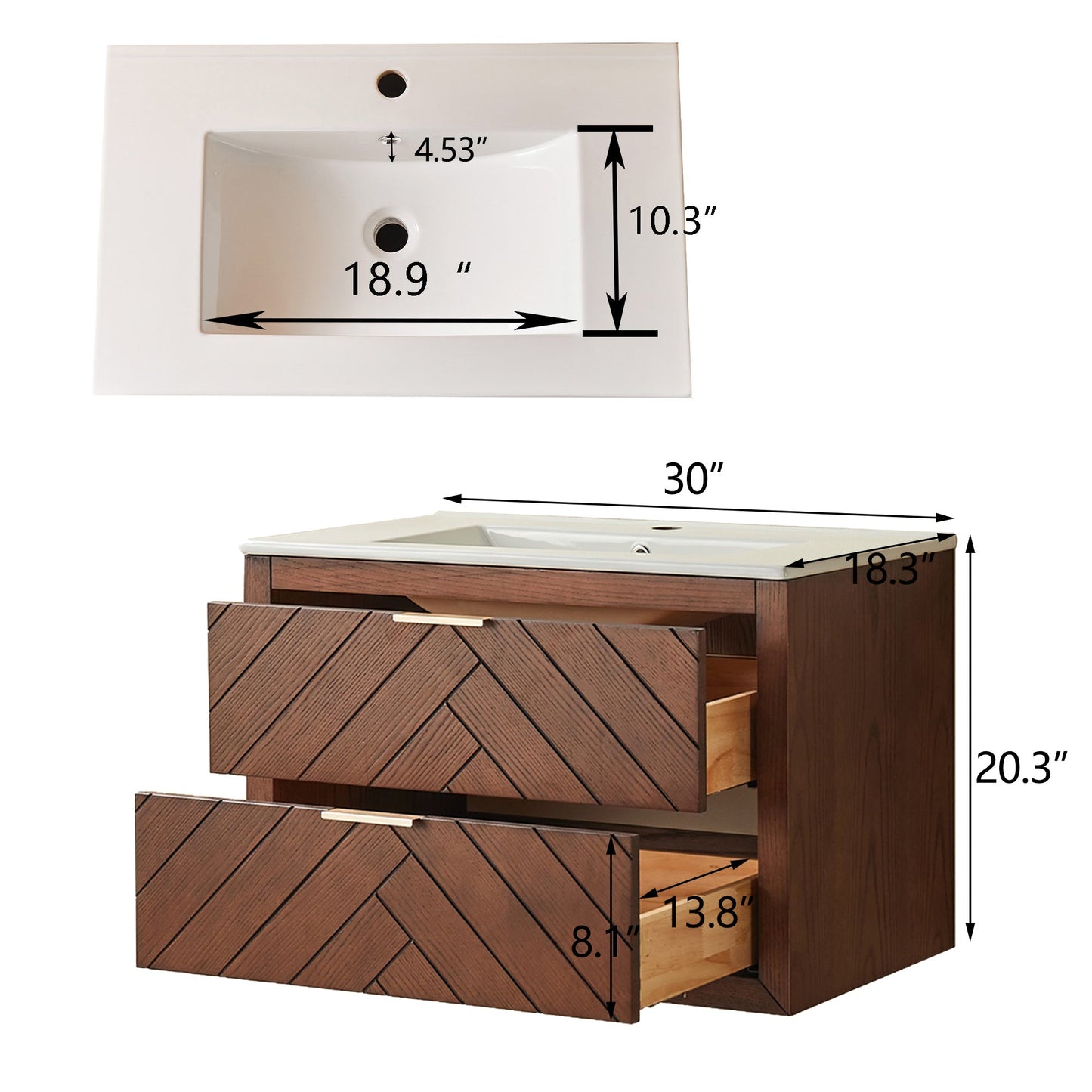 30" Pre-Assembled Wall Mounted & Floating Single Vanity Cabinet with 1-Hole Ceramic Top