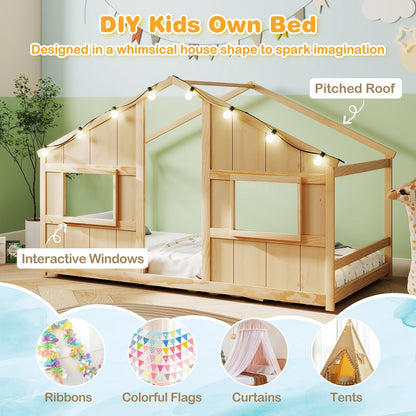 Twin Size House Bed with LED Lights Montessori Slat-free Floor Bed