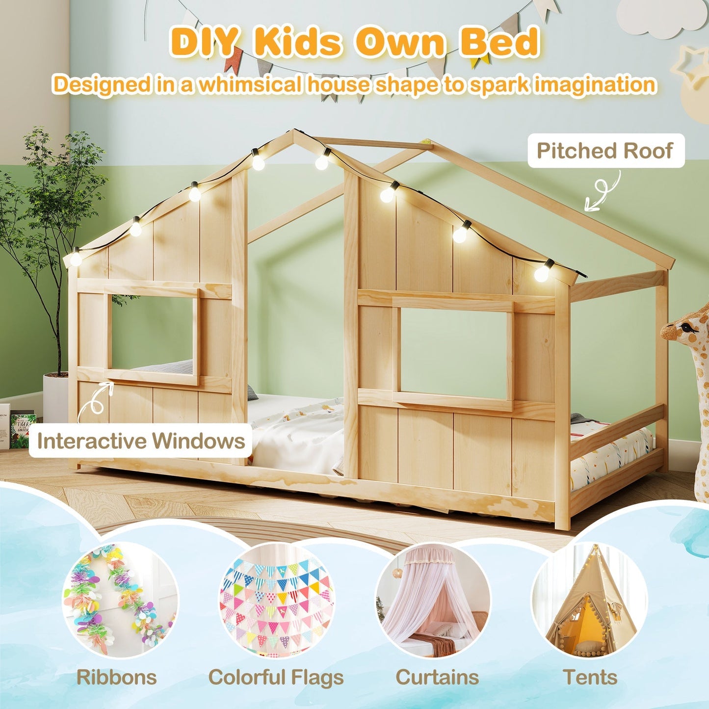 Twin Size House Bed with LED Lights Montessori Slat-free Floor Bed