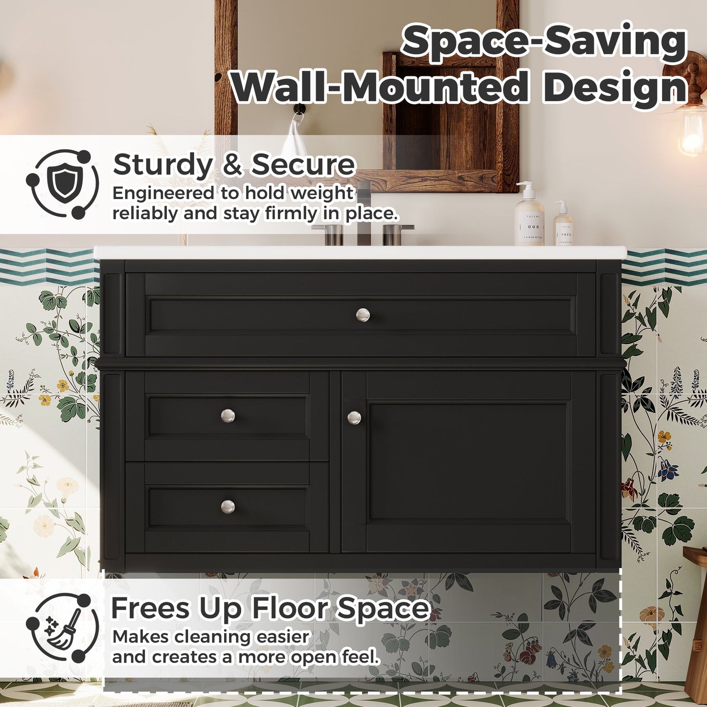 36" Wall Mounted Bathroom Vanity with Ceramic Sink and Storage