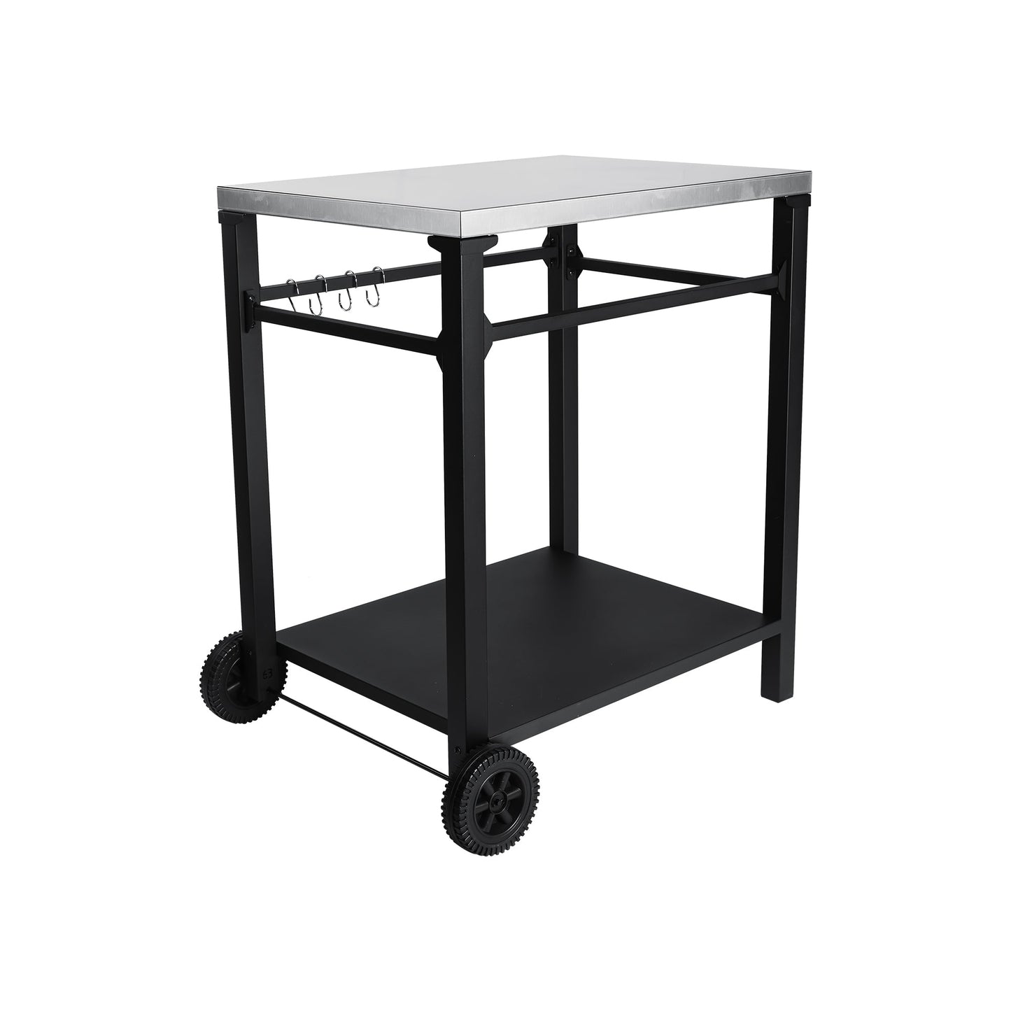 2-Tier Outdoor Grill Cart with Stainless Steel Top, Large Wheels & Tool Hooks